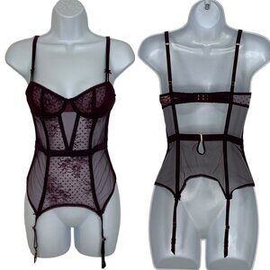 Victoria's Secret Bustier Bra XS Burgundy Lace Boning Suspender Clips Sexy
